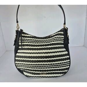 Kate Spade New York Cobble Hill Straw Mylie Shoulder Bag Blk White Hobo Leather